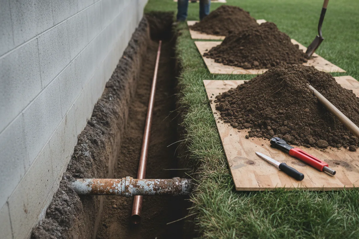 Excavated water line trench during Water Softener Installation in Denmark